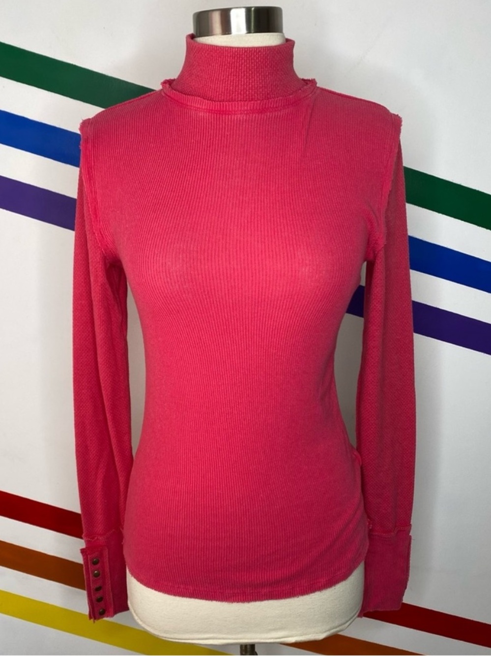 BEW We The Free Free People Pink Ribbed Turtleneck Button Cuff Top Size S therma